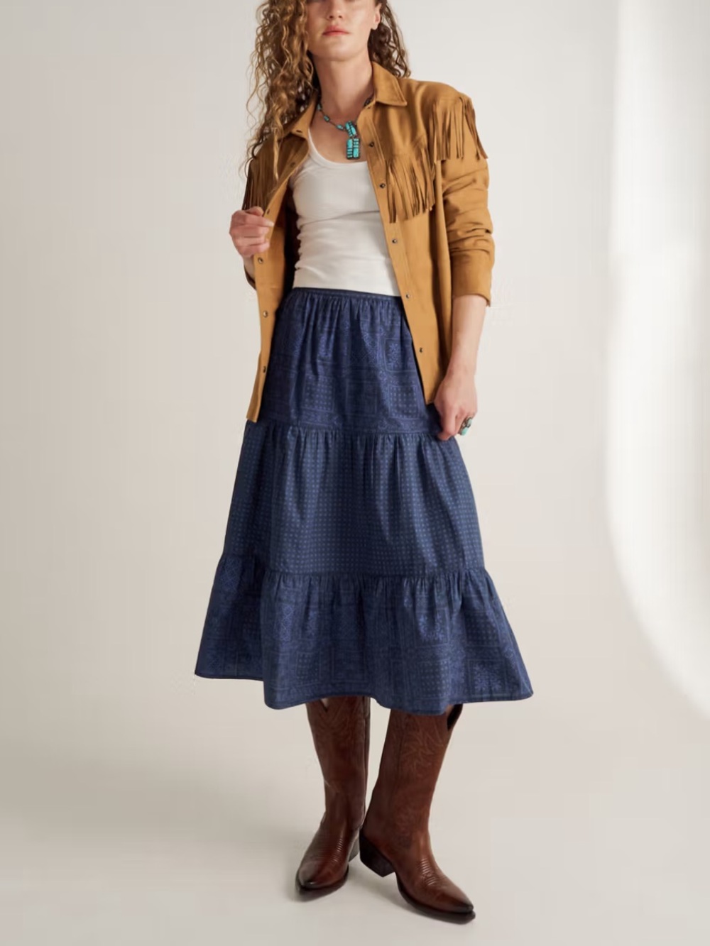 Tecovas Navy Tiered Midi Skirt
